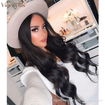 Vigorous Top Quality Long Black Wavy Wigs Middle Part Heat Resistant Synthetic Wave Wigs for Black Women Wholesale Price